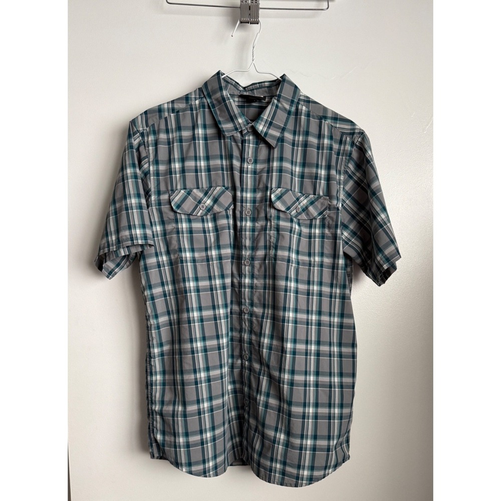 Patagonia Button Down Shirt Mens Medium Gray Teal Plaid Short Sleeve Technical